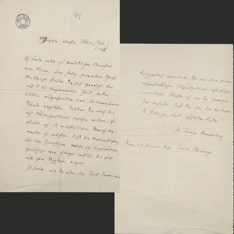 Bernays an Fürstin Marie zu Wied, Briefentwurf vom 29.12.1878 (ULB S 971)