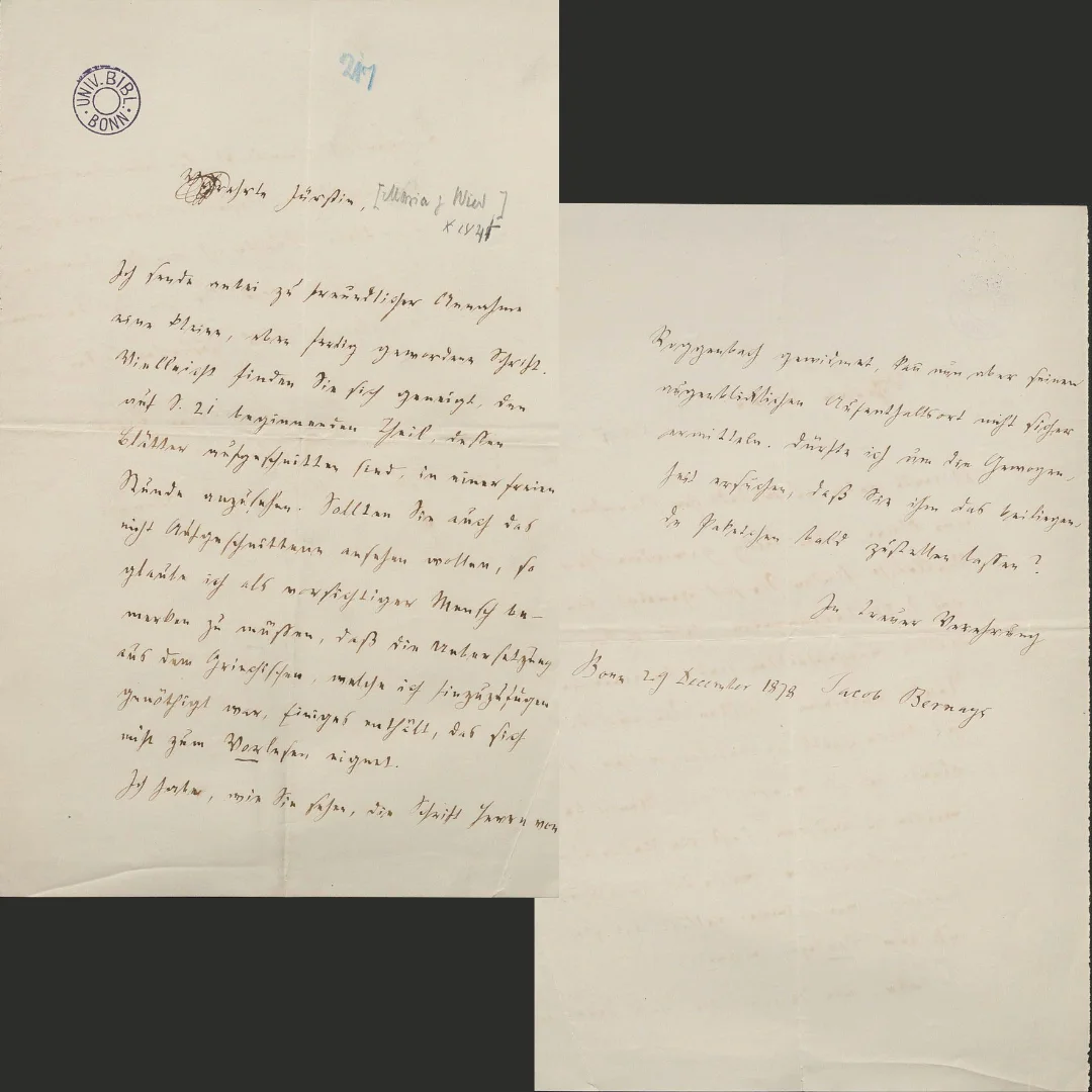 Bernays an Fürstin Marie zu Wied, Briefentwurf vom 29.12.1878 (ULB S 971)