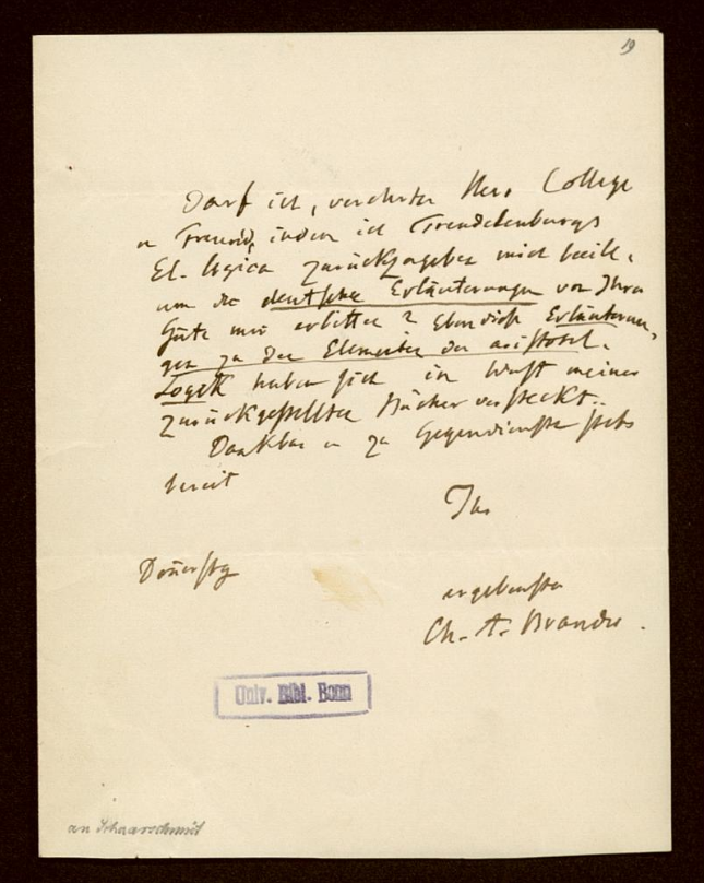 Brief Christian August Brandis' an seinen Freund Carl Schaarschmidt
