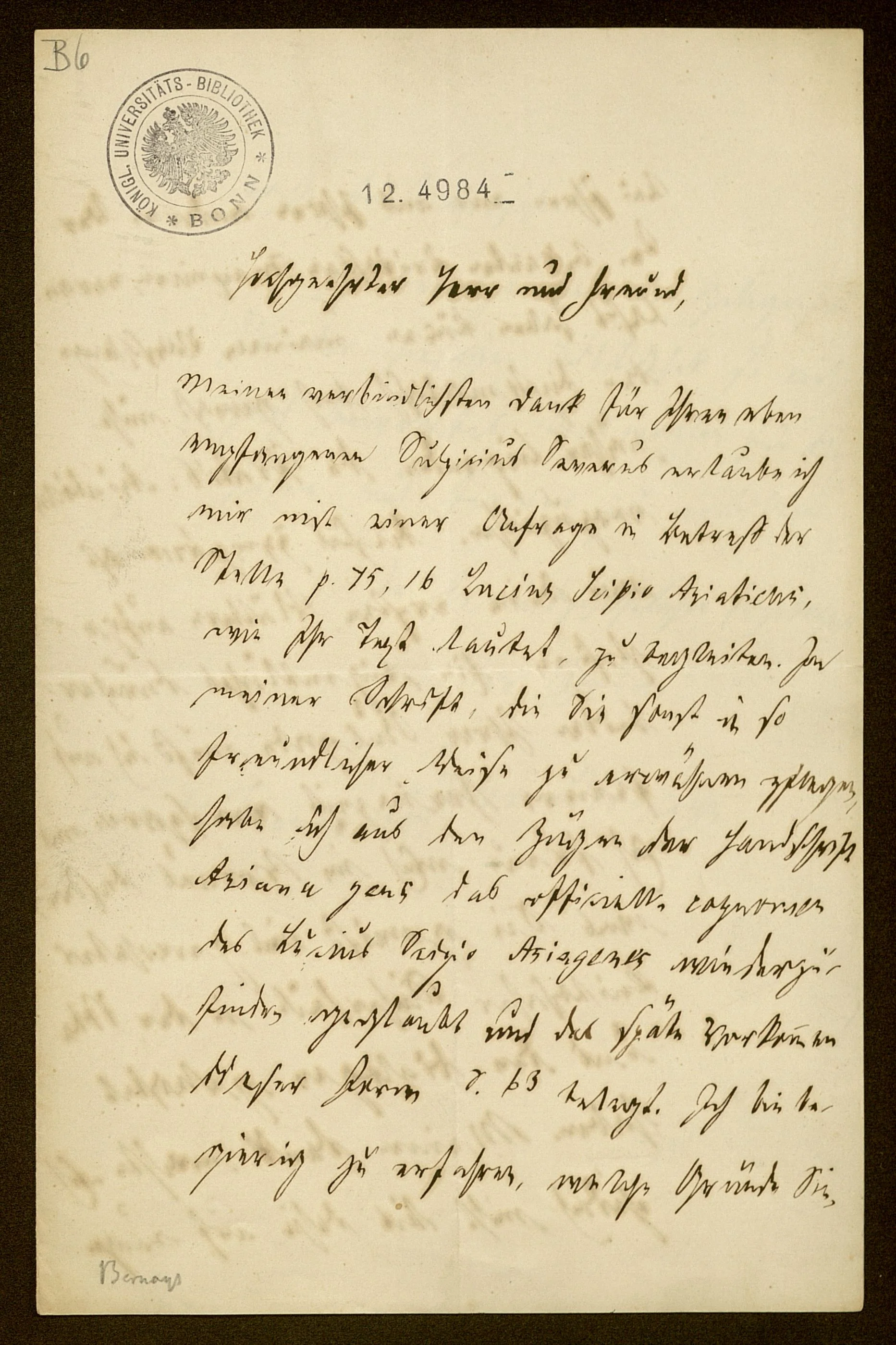 Jacob Bernays an Karl Felix Halm, ULB Bonn, Autographensammlung